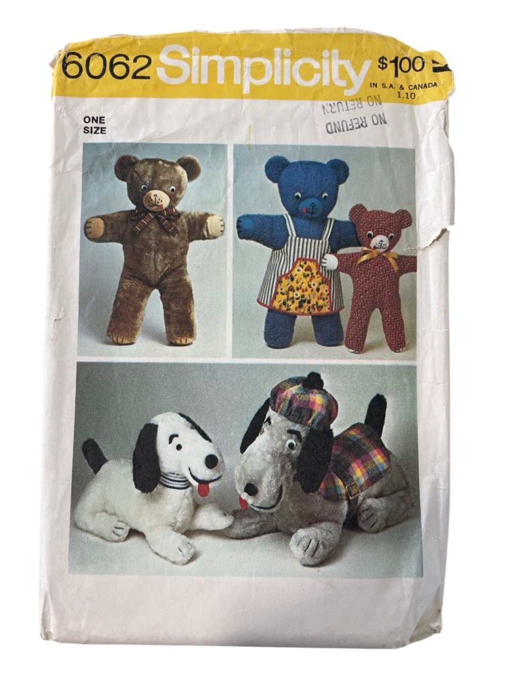 Vintage 70s Simplicity 6062 Sewing Pattern One Size Stuffed Animals Retro UNCUT